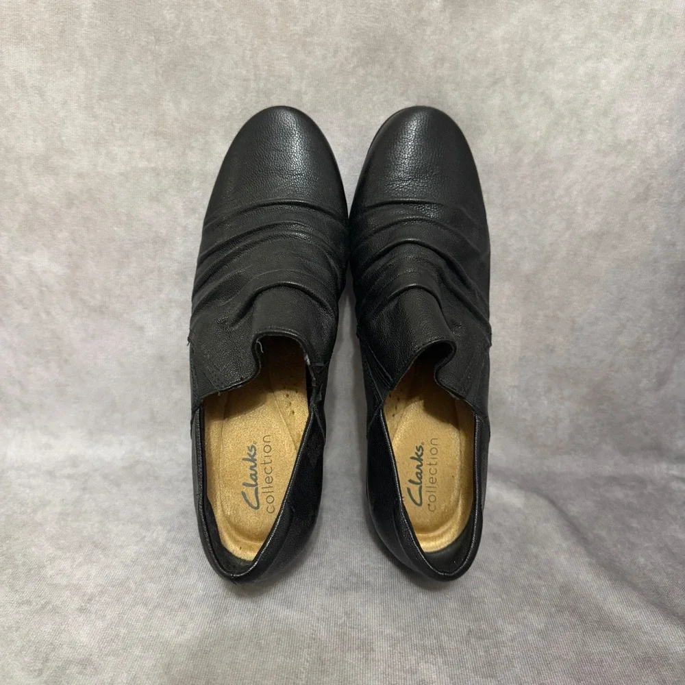 Clarks Collection Leather Shooties Womens 8 Black Ruched‎ Block Heel Ankle Boots